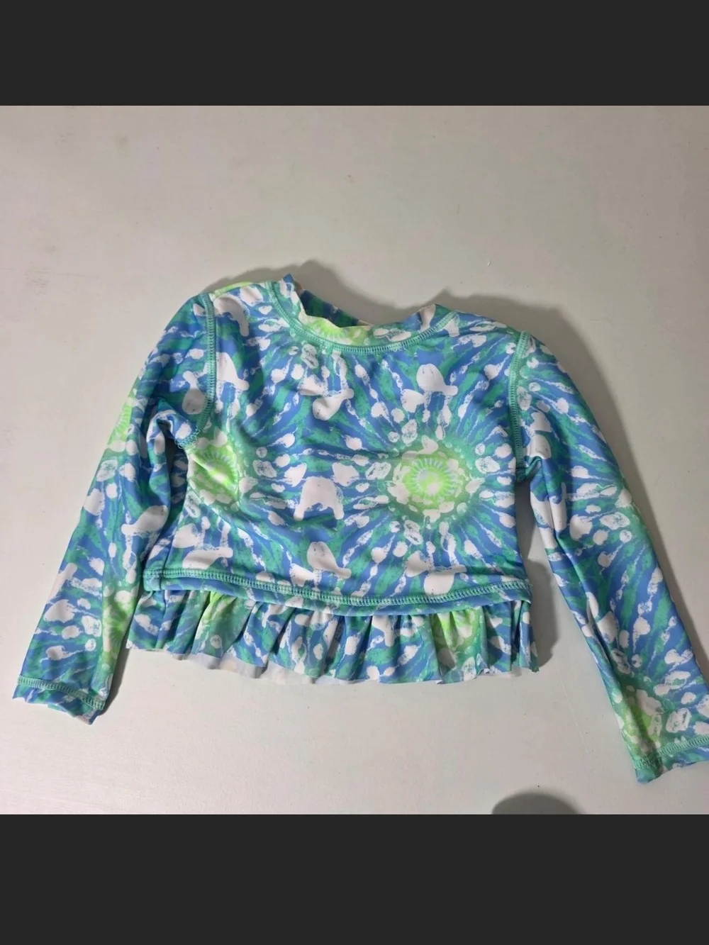 Girls Long-Sleeve Blue & Green Rashguard Swim Set with Ruffle Hem